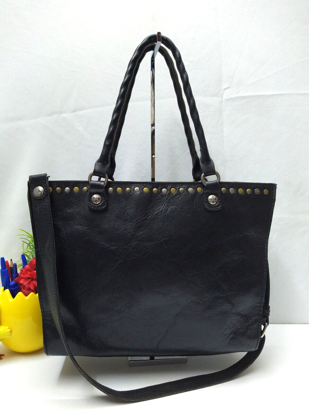 Patricia Nash Zancona Black Leather Studded Double Handles Tote Bag